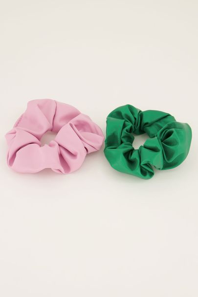 Green & pink leather look scrunchie set