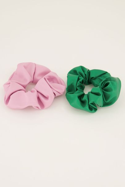 Groen & roze scrunchie leatherlook set