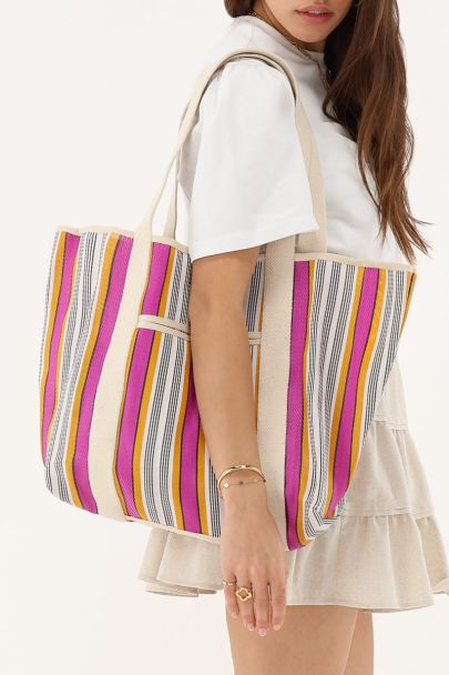 Pink tote bag with multicolour stripes
