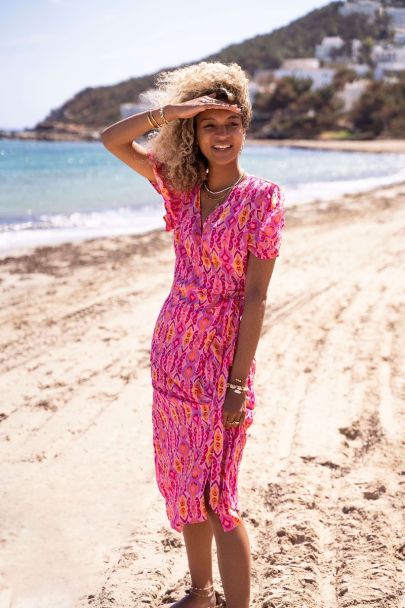 Pink Ikat print midi wrap dress