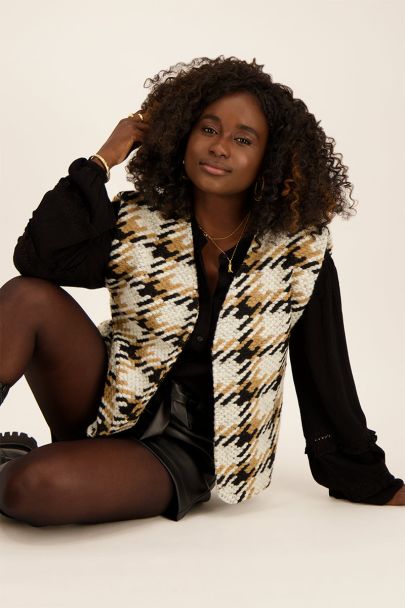 Beige grof gebreid pied-de-poule gilet