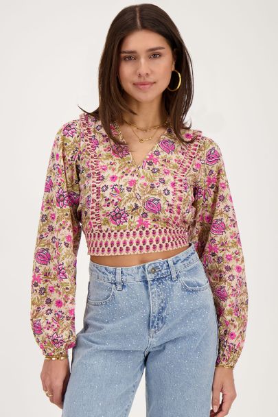 Beige crop top met groene en roze bloemenprint