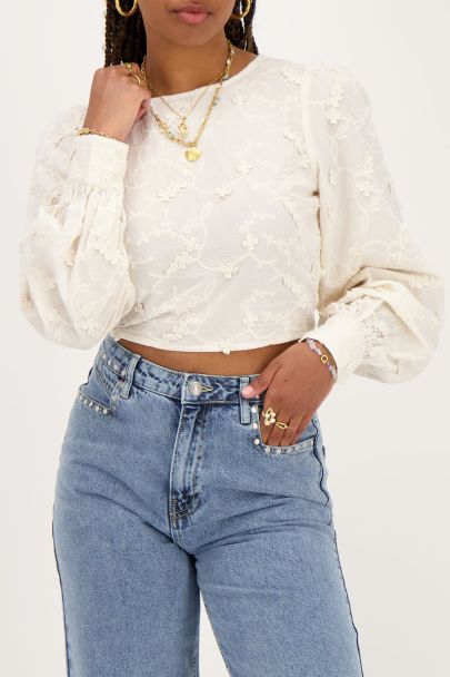 Beige embroidery top met open rug