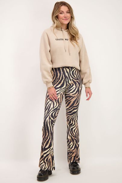 Beige flared broek met zebraprint
