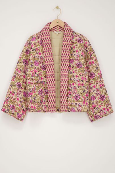 Beige kimono jasje met groene en roze bloemenprint