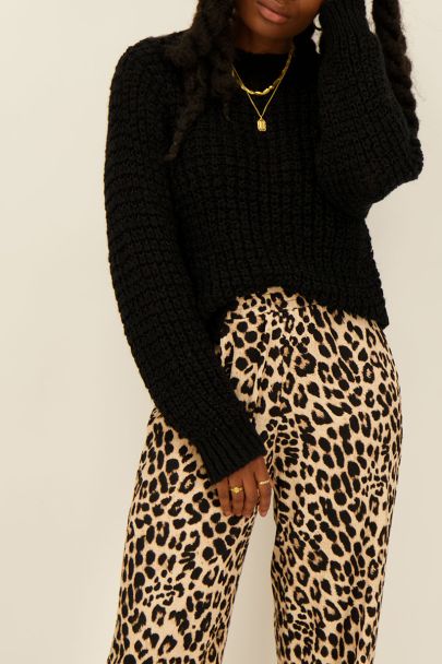 Beige Hose mit Leopardenmuster und weitem Bein