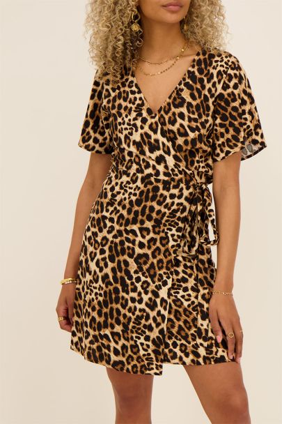 Beige wrap dress with leopard print 