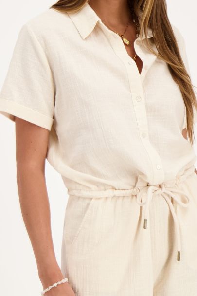 Beige linnen look playsuit met strikkoord