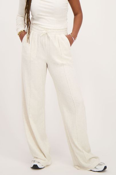 Beige linnen look pantalon met pintuck 