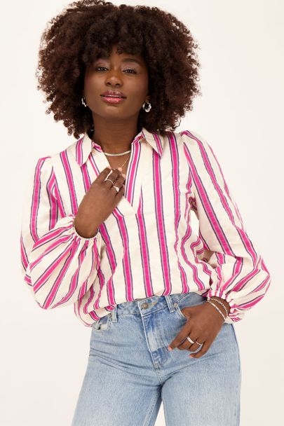 Chemise beige à rayures roses