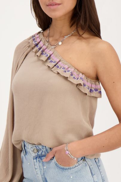 Beige one-shoulder top with multicoloured embroidery