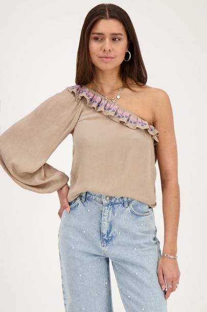 Beige one-shoulder top with multicoloured embroidery