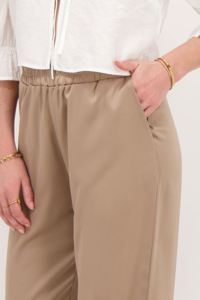 Beige satin wide leg trousers with elasticated waist