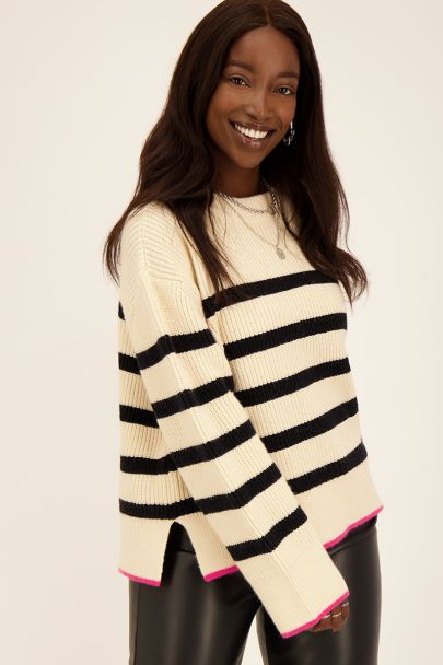 Beige striped sweater with pink trim