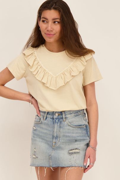 Beige studded ruffle T-shirt 