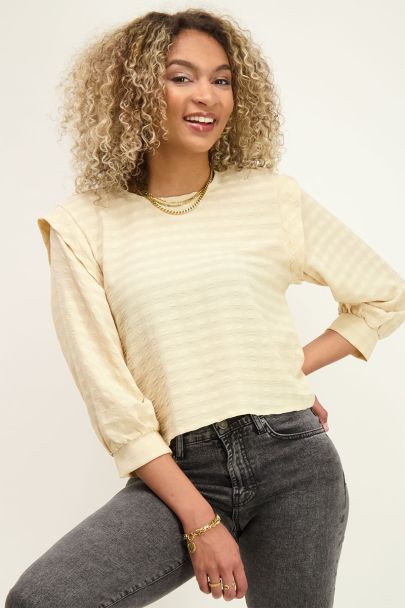 Beige woven top with shoulder pads
