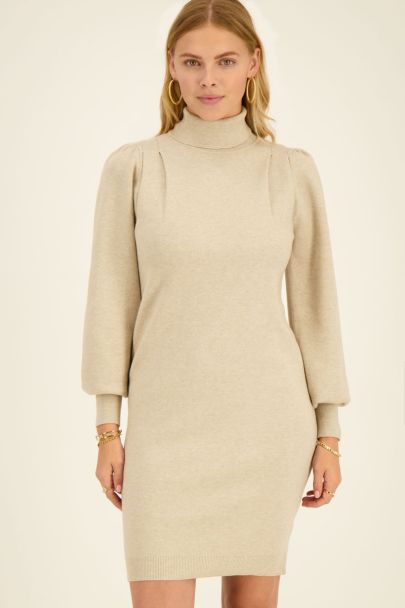 Beige turtleneck dress with puff sleeves
