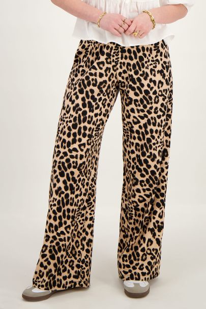 Beige wide leg leopard print trousers