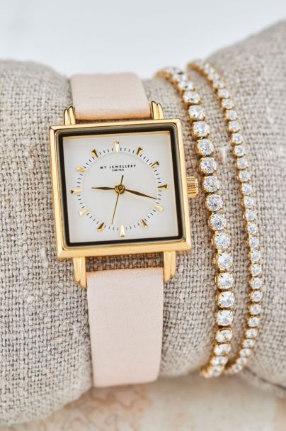 Beige strap watch with white square watch face