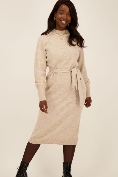 Beige knitted dress with low turtleneck