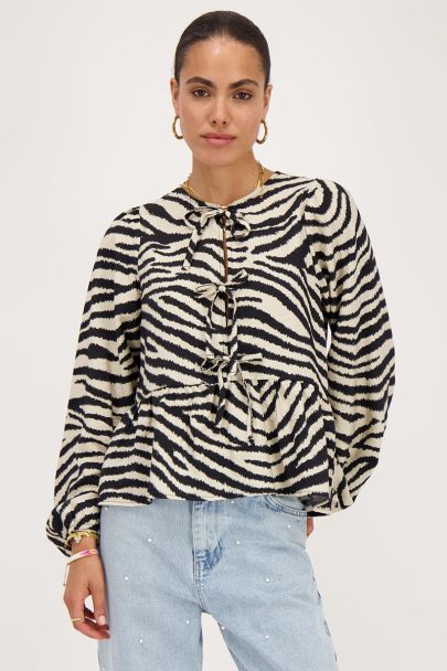 Zwarte-beige zebra top met strikjes