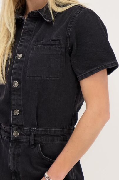 Black denim playsuit with chest pocket
