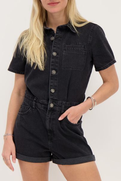 Black denim playsuit with chest pocket