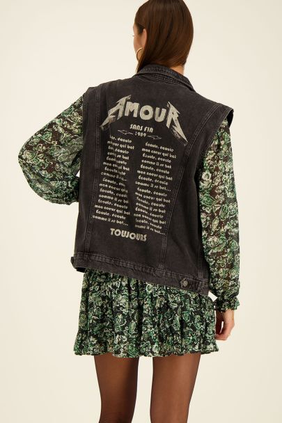 Black denim gilet with Amour print