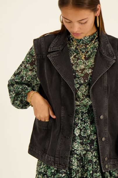 Black denim gilet with Amour print