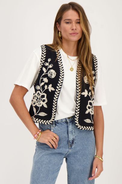 Black gilet with cream embroidery