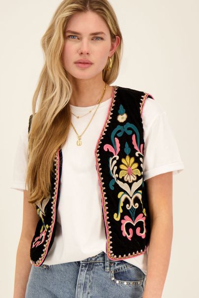 Black gilet with multicoloured embroidery