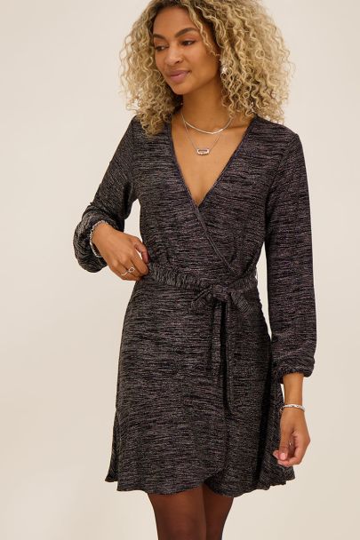 Black glitter belted wrap dress