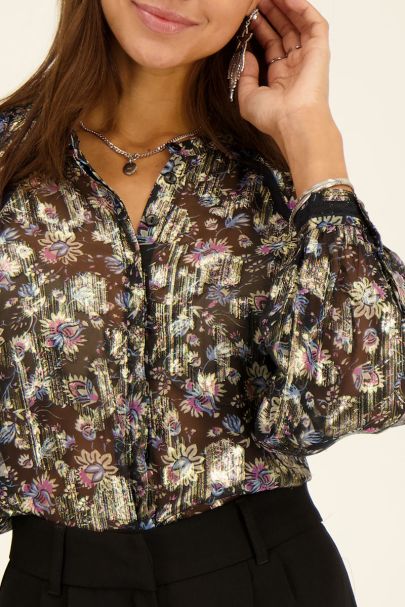 Schwarze Jacquard-Bluse mit Goldprint