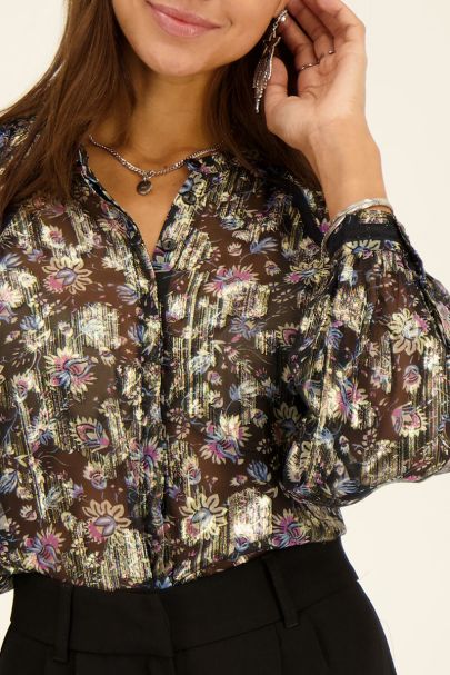 Zwarte jacquard blouse met gouden print