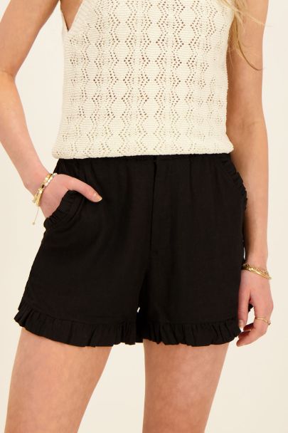 Black linen ruffle short