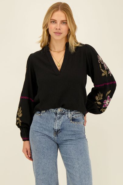 Black muslin blouse with embroidery