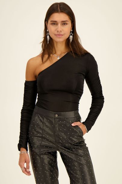 Zwarte one-shoulder top met lange mouwen gedrapeerd 