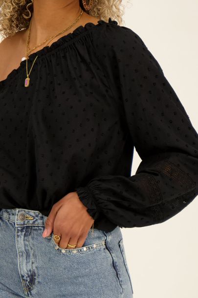 Zwarte one shoulder top met kanten bandjes