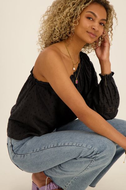 Zwarte one shoulder top met kanten bandjes