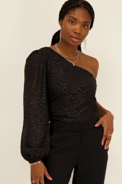 Black one-shoulder top with lurex