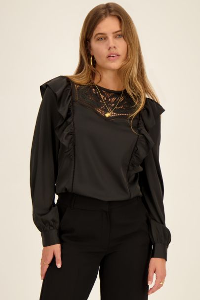 Black ruffled blouse with lace