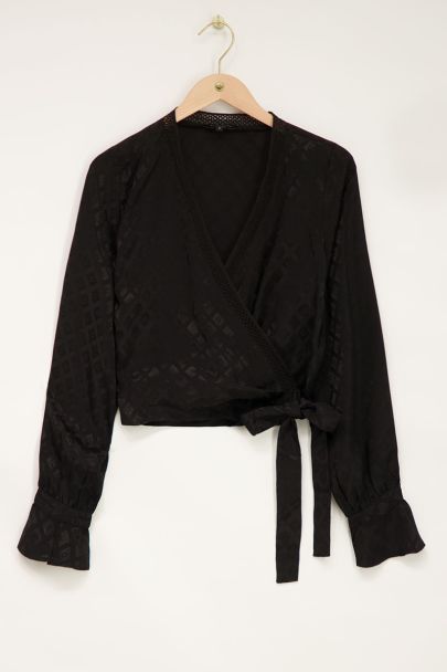 Black satin jacquard top with flared sleeves