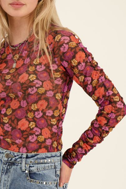 Mesh top met bloemenprint