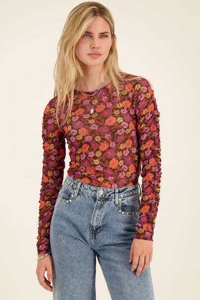 Mesh top met bloemenprint