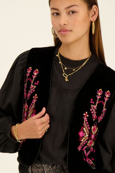 Black velvet gilet with pink embroidery