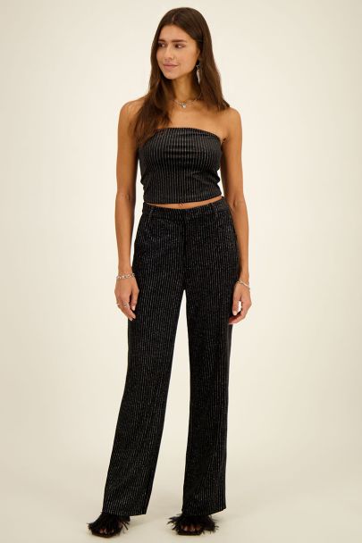 Black velvet wide leg pants with lurex pinstripe