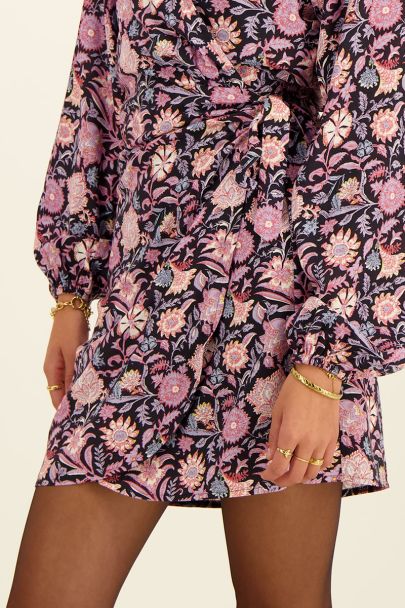 Black wrap dress with lilac and pink floral print