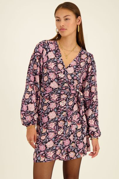 Black wrap dress with lilac and pink floral print