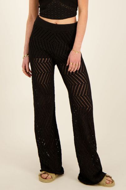 Zwarte zigzag flared broek met lurex 