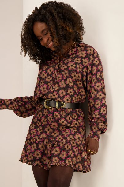 Zwarte blouse met bruin & roze bloemenprint